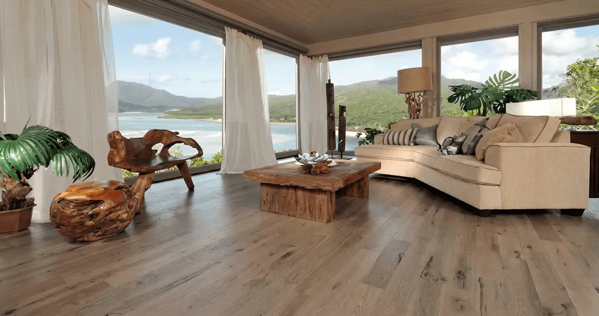 Professionally installed vinyl flooring in a modern living room with large windows in Tempe, AZ